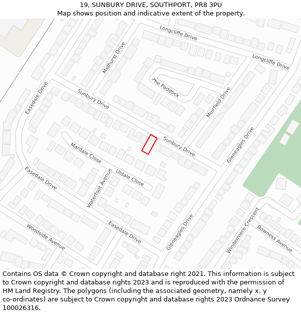 19, SUNBURY DRIVE, SOUTHPORT, PR8 3PU: Location map and indicative extent of plot