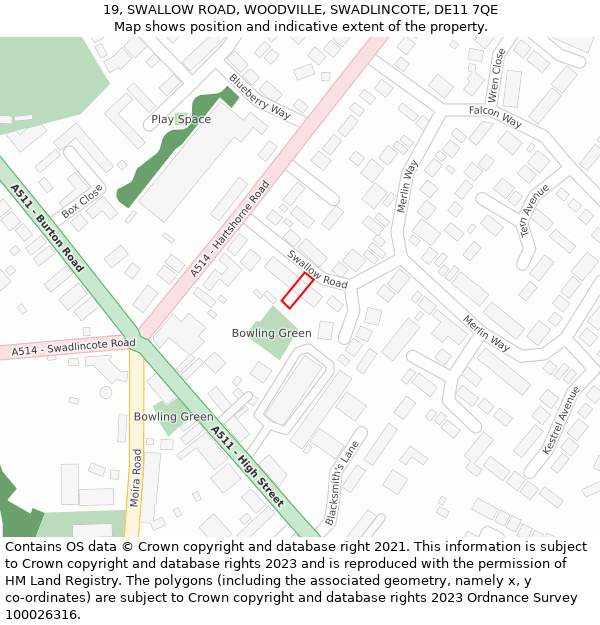 19, SWALLOW ROAD, WOODVILLE, SWADLINCOTE, DE11 7QE: Location map and indicative extent of plot