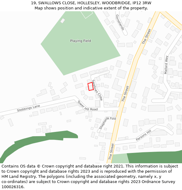 19, SWALLOWS CLOSE, HOLLESLEY, WOODBRIDGE, IP12 3RW: Location map and indicative extent of plot