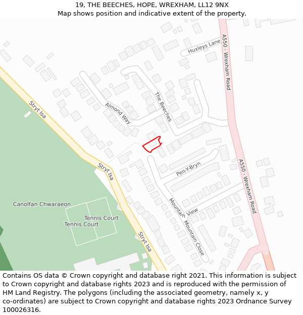 19, THE BEECHES, HOPE, WREXHAM, LL12 9NX: Location map and indicative extent of plot