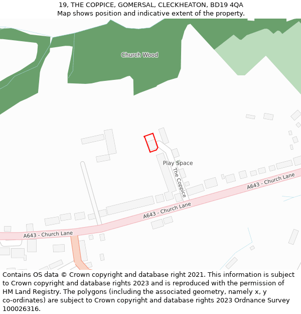 19, THE COPPICE, GOMERSAL, CLECKHEATON, BD19 4QA: Location map and indicative extent of plot