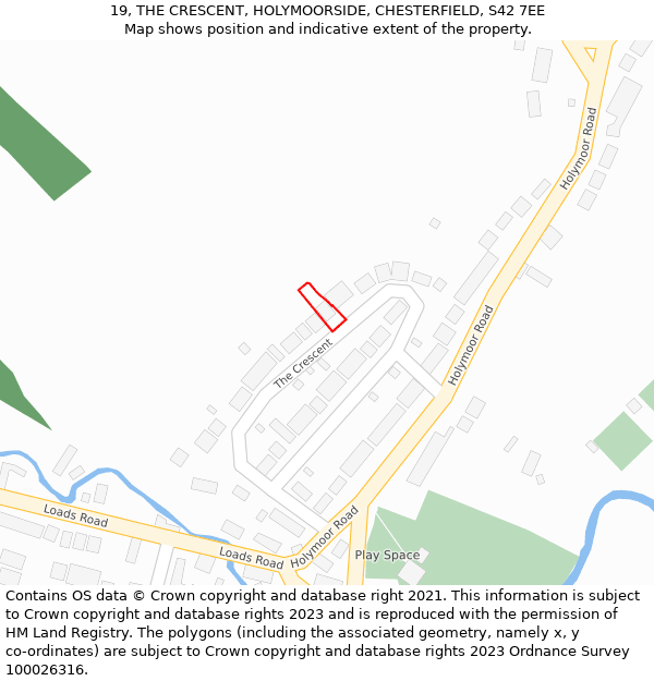 19, THE CRESCENT, HOLYMOORSIDE, CHESTERFIELD, S42 7EE: Location map and indicative extent of plot