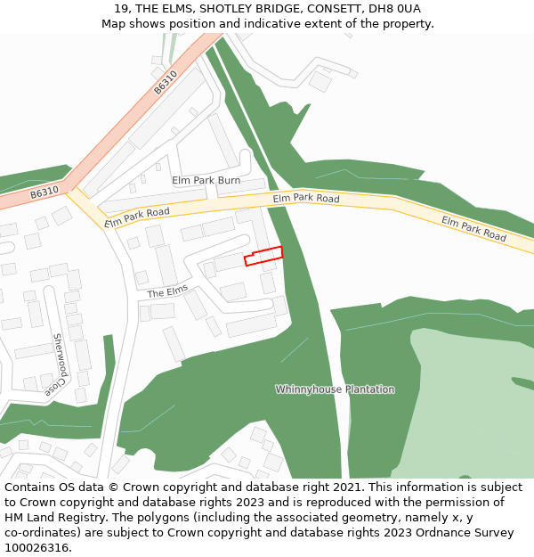 19, THE ELMS, SHOTLEY BRIDGE, CONSETT, DH8 0UA: Location map and indicative extent of plot