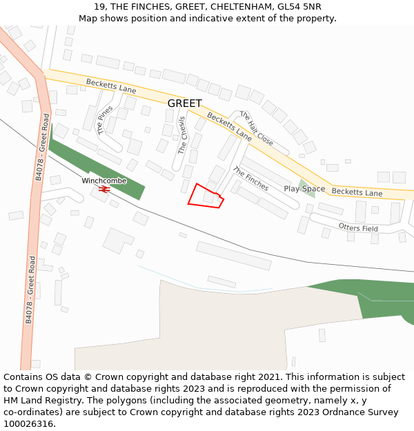 19, THE FINCHES, GREET, CHELTENHAM, GL54 5NR: Location map and indicative extent of plot