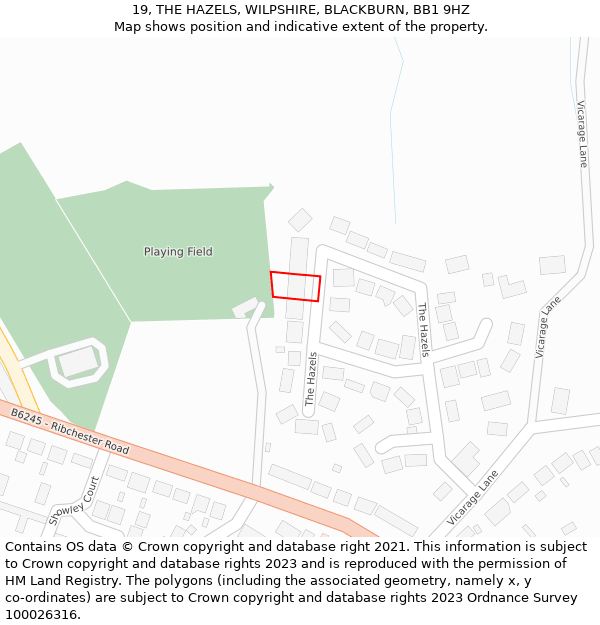 19, THE HAZELS, WILPSHIRE, BLACKBURN, BB1 9HZ: Location map and indicative extent of plot