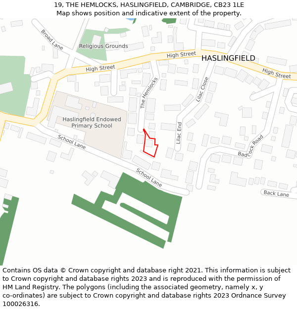 19, THE HEMLOCKS, HASLINGFIELD, CAMBRIDGE, CB23 1LE: Location map and indicative extent of plot