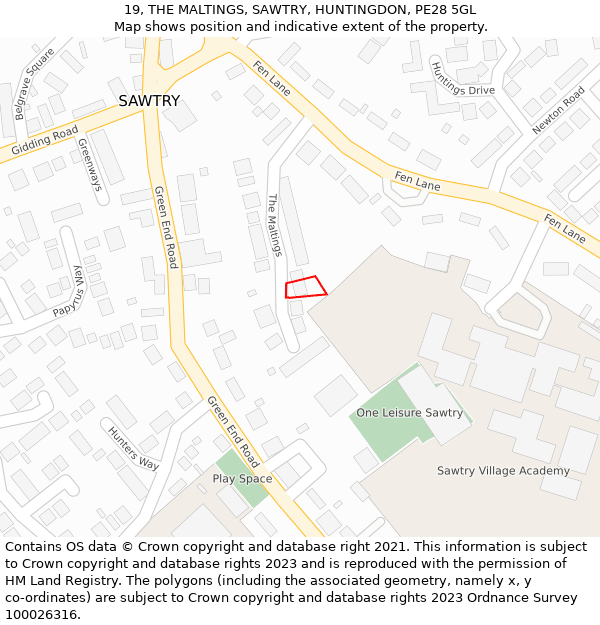 19, THE MALTINGS, SAWTRY, HUNTINGDON, PE28 5GL: Location map and indicative extent of plot