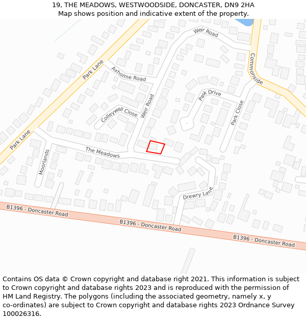 19, THE MEADOWS, WESTWOODSIDE, DONCASTER, DN9 2HA: Location map and indicative extent of plot