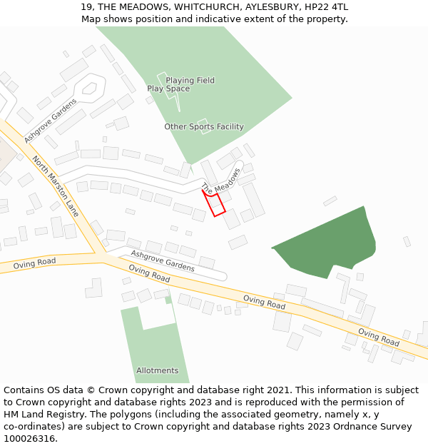 19, THE MEADOWS, WHITCHURCH, AYLESBURY, HP22 4TL: Location map and indicative extent of plot