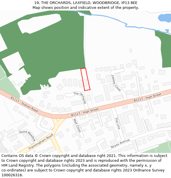 19, THE ORCHARDS, LAXFIELD, WOODBRIDGE, IP13 8EE: Location map and indicative extent of plot