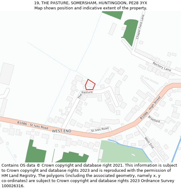 19, THE PASTURE, SOMERSHAM, HUNTINGDON, PE28 3YX: Location map and indicative extent of plot