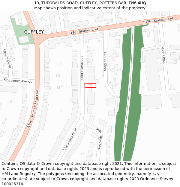 19, THEOBALDS ROAD, CUFFLEY, POTTERS BAR, EN6 4HQ: Location map and indicative extent of plot