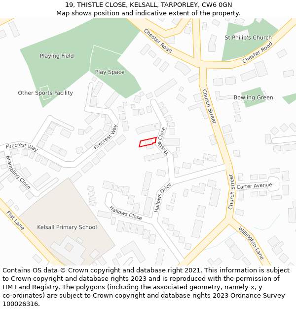 19, THISTLE CLOSE, KELSALL, TARPORLEY, CW6 0GN: Location map and indicative extent of plot