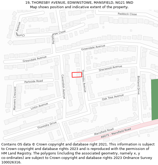 19, THORESBY AVENUE, EDWINSTOWE, MANSFIELD, NG21 9ND: Location map and indicative extent of plot