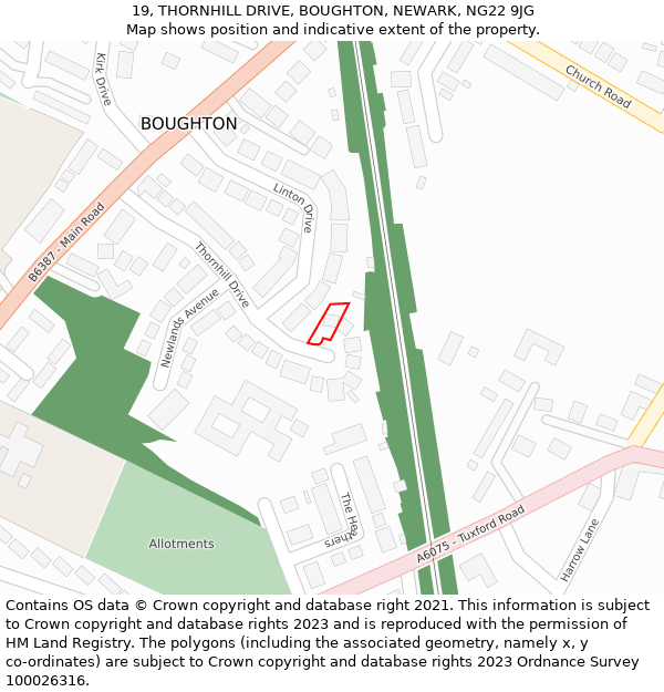 19, THORNHILL DRIVE, BOUGHTON, NEWARK, NG22 9JG: Location map and indicative extent of plot