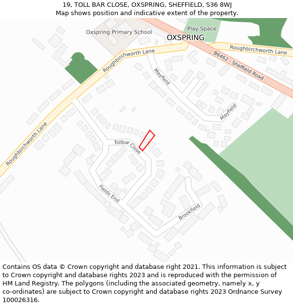 19, TOLL BAR CLOSE, OXSPRING, SHEFFIELD, S36 8WJ: Location map and indicative extent of plot
