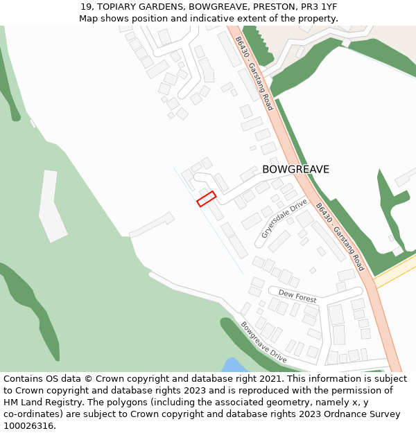 19, TOPIARY GARDENS, BOWGREAVE, PRESTON, PR3 1YF: Location map and indicative extent of plot
