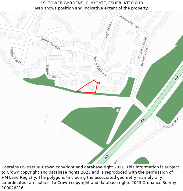 19, TOWER GARDENS, CLAYGATE, ESHER, KT10 0HB: Location map and indicative extent of plot