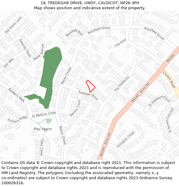 19, TREDEGAR DRIVE, UNDY, CALDICOT, NP26 3PH: Location map and indicative extent of plot