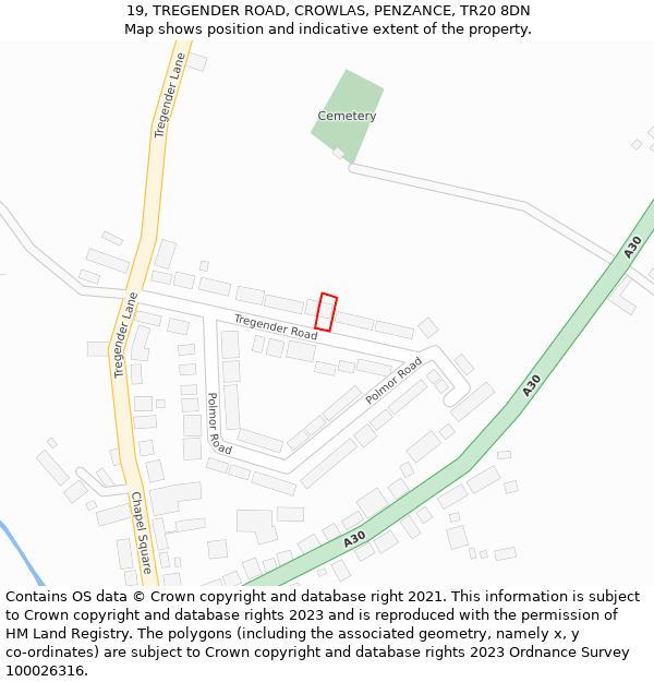 19, TREGENDER ROAD, CROWLAS, PENZANCE, TR20 8DN: Location map and indicative extent of plot