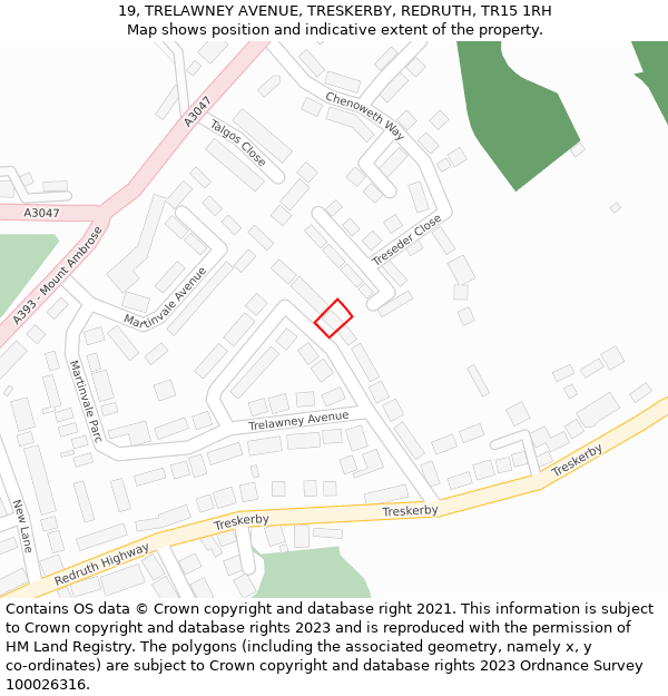 19, TRELAWNEY AVENUE, TRESKERBY, REDRUTH, TR15 1RH: Location map and indicative extent of plot