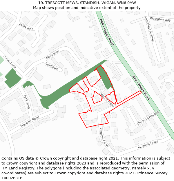 19, TRESCOTT MEWS, STANDISH, WIGAN, WN6 0AW: Location map and indicative extent of plot