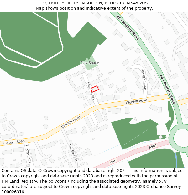 19, TRILLEY FIELDS, MAULDEN, BEDFORD, MK45 2US: Location map and indicative extent of plot