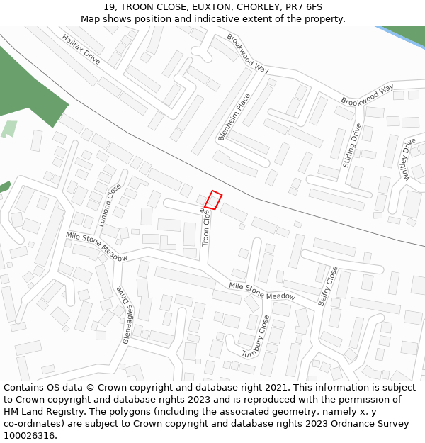 19, TROON CLOSE, EUXTON, CHORLEY, PR7 6FS: Location map and indicative extent of plot