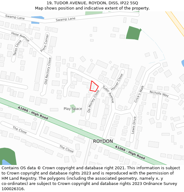 19, TUDOR AVENUE, ROYDON, DISS, IP22 5SQ: Location map and indicative extent of plot