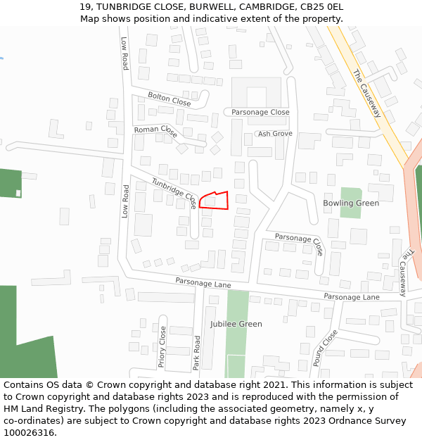 19, TUNBRIDGE CLOSE, BURWELL, CAMBRIDGE, CB25 0EL: Location map and indicative extent of plot