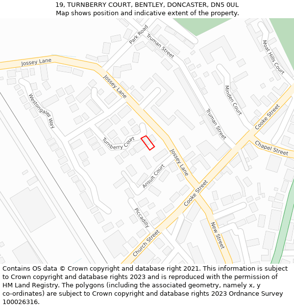 19, TURNBERRY COURT, BENTLEY, DONCASTER, DN5 0UL: Location map and indicative extent of plot