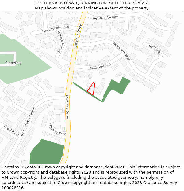 19, TURNBERRY WAY, DINNINGTON, SHEFFIELD, S25 2TA: Location map and indicative extent of plot