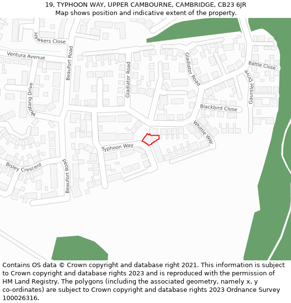 19, TYPHOON WAY, UPPER CAMBOURNE, CAMBRIDGE, CB23 6JR: Location map and indicative extent of plot