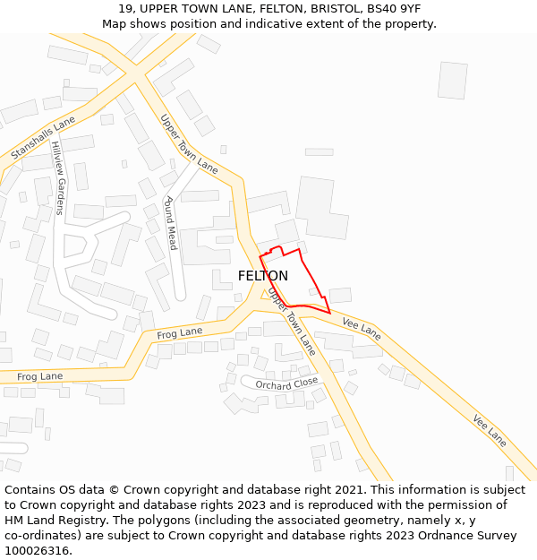 19, UPPER TOWN LANE, FELTON, BRISTOL, BS40 9YF: Location map and indicative extent of plot