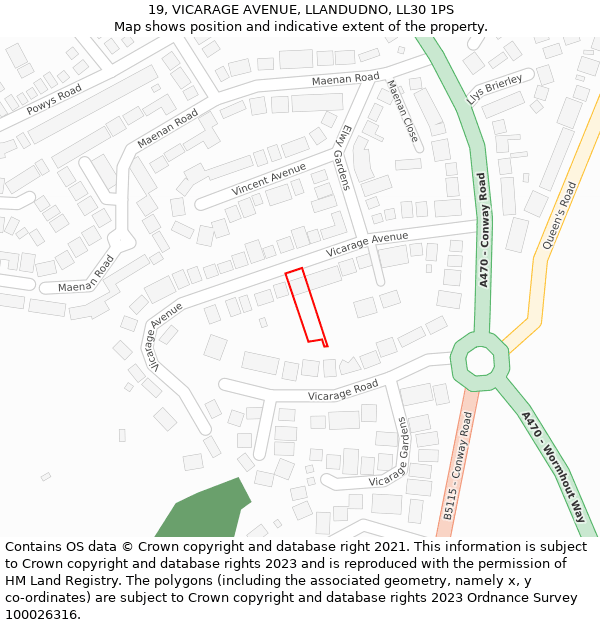 19, VICARAGE AVENUE, LLANDUDNO, LL30 1PS: Location map and indicative extent of plot