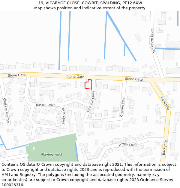 19, VICARAGE CLOSE, COWBIT, SPALDING, PE12 6XW: Location map and indicative extent of plot