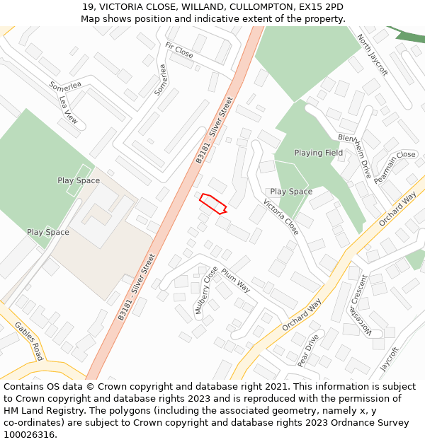 19, VICTORIA CLOSE, WILLAND, CULLOMPTON, EX15 2PD: Location map and indicative extent of plot