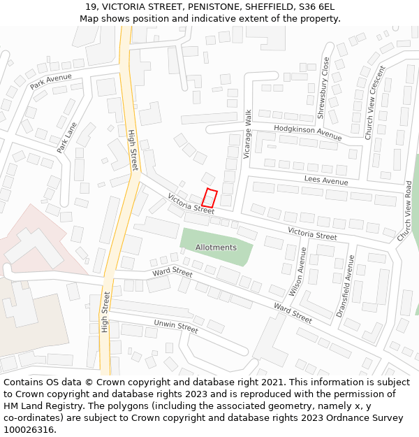 19, VICTORIA STREET, PENISTONE, SHEFFIELD, S36 6EL: Location map and indicative extent of plot