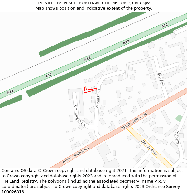 19, VILLIERS PLACE, BOREHAM, CHELMSFORD, CM3 3JW: Location map and indicative extent of plot