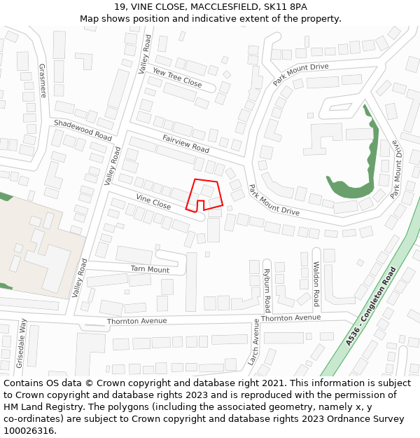 19, VINE CLOSE, MACCLESFIELD, SK11 8PA: Location map and indicative extent of plot