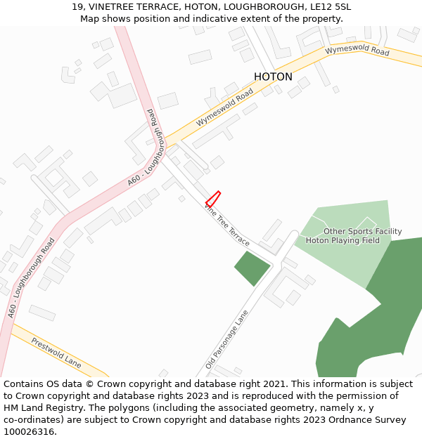 19, VINETREE TERRACE, HOTON, LOUGHBOROUGH, LE12 5SL: Location map and indicative extent of plot