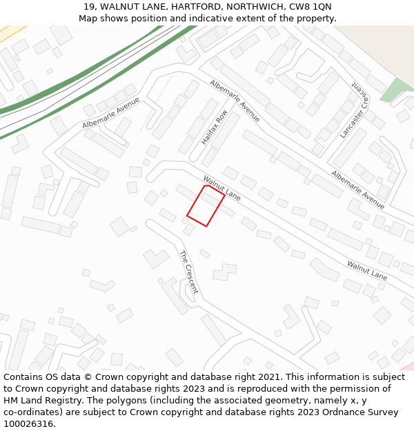 19, WALNUT LANE, HARTFORD, NORTHWICH, CW8 1QN: Location map and indicative extent of plot