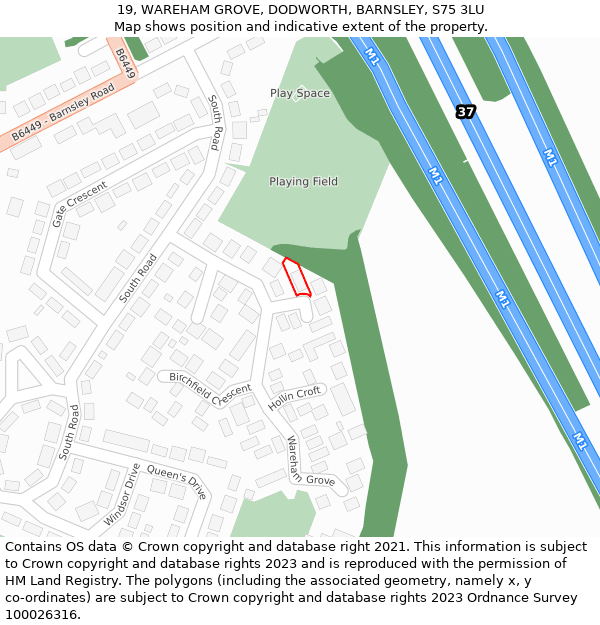 19, WAREHAM GROVE, DODWORTH, BARNSLEY, S75 3LU: Location map and indicative extent of plot