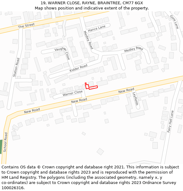 19, WARNER CLOSE, RAYNE, BRAINTREE, CM77 6GX: Location map and indicative extent of plot