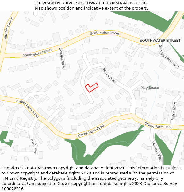 19, WARREN DRIVE, SOUTHWATER, HORSHAM, RH13 9GL: Location map and indicative extent of plot