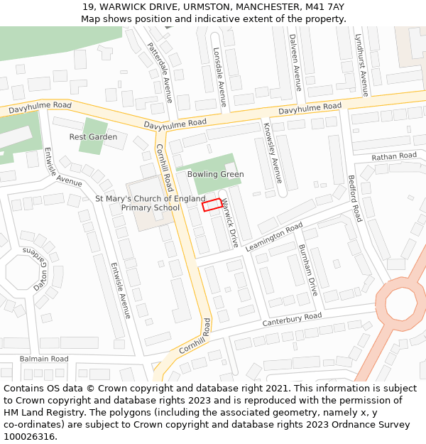 19, WARWICK DRIVE, URMSTON, MANCHESTER, M41 7AY: Location map and indicative extent of plot