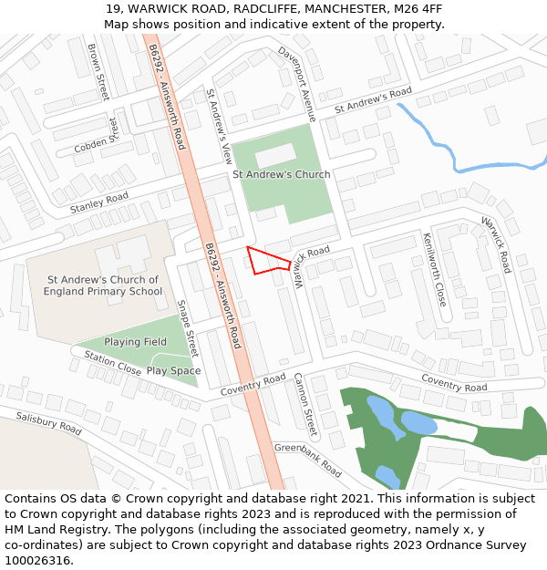 19, WARWICK ROAD, RADCLIFFE, MANCHESTER, M26 4FF: Location map and indicative extent of plot