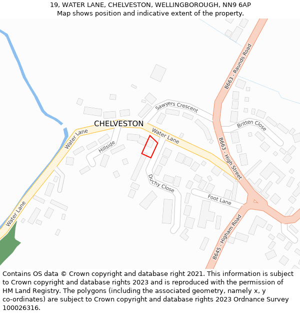 19, WATER LANE, CHELVESTON, WELLINGBOROUGH, NN9 6AP: Location map and indicative extent of plot