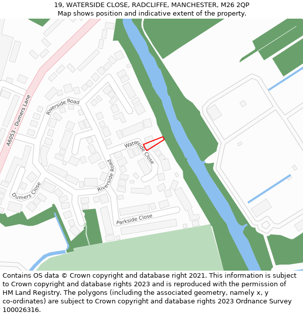 19, WATERSIDE CLOSE, RADCLIFFE, MANCHESTER, M26 2QP: Location map and indicative extent of plot