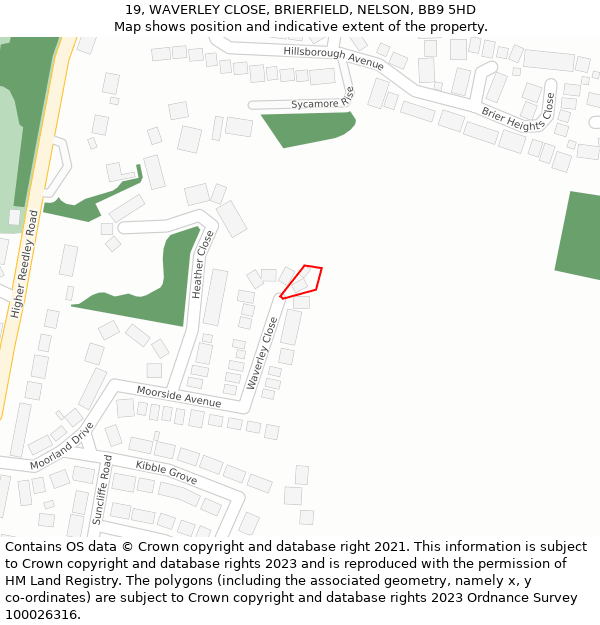 19, WAVERLEY CLOSE, BRIERFIELD, NELSON, BB9 5HD: Location map and indicative extent of plot